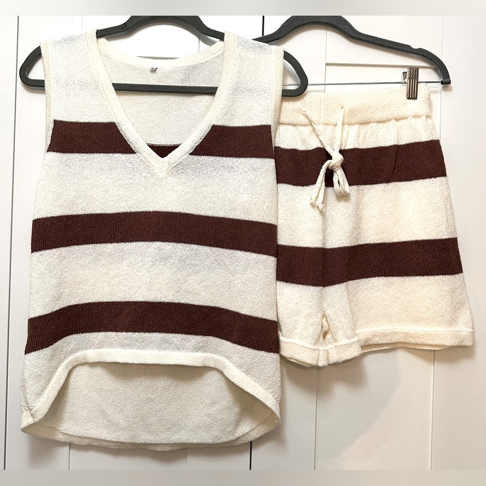 Striped Knit Women Shorts - Cream and Brown
